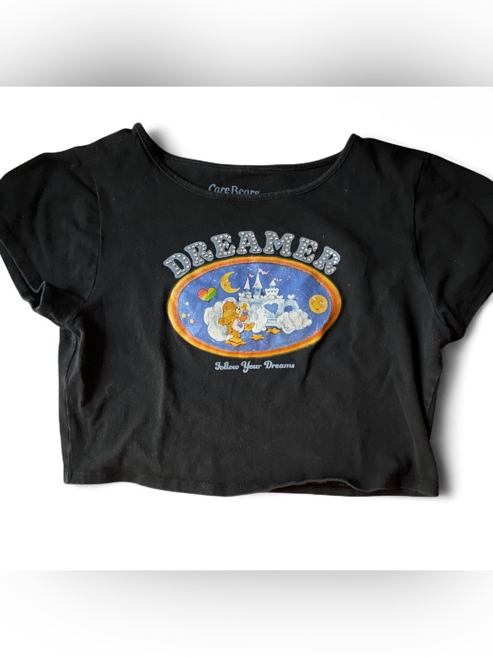 Care Bears Dreamer Rhinestone Graphic Tee Black Follow Your Dreams Y2K Crop S